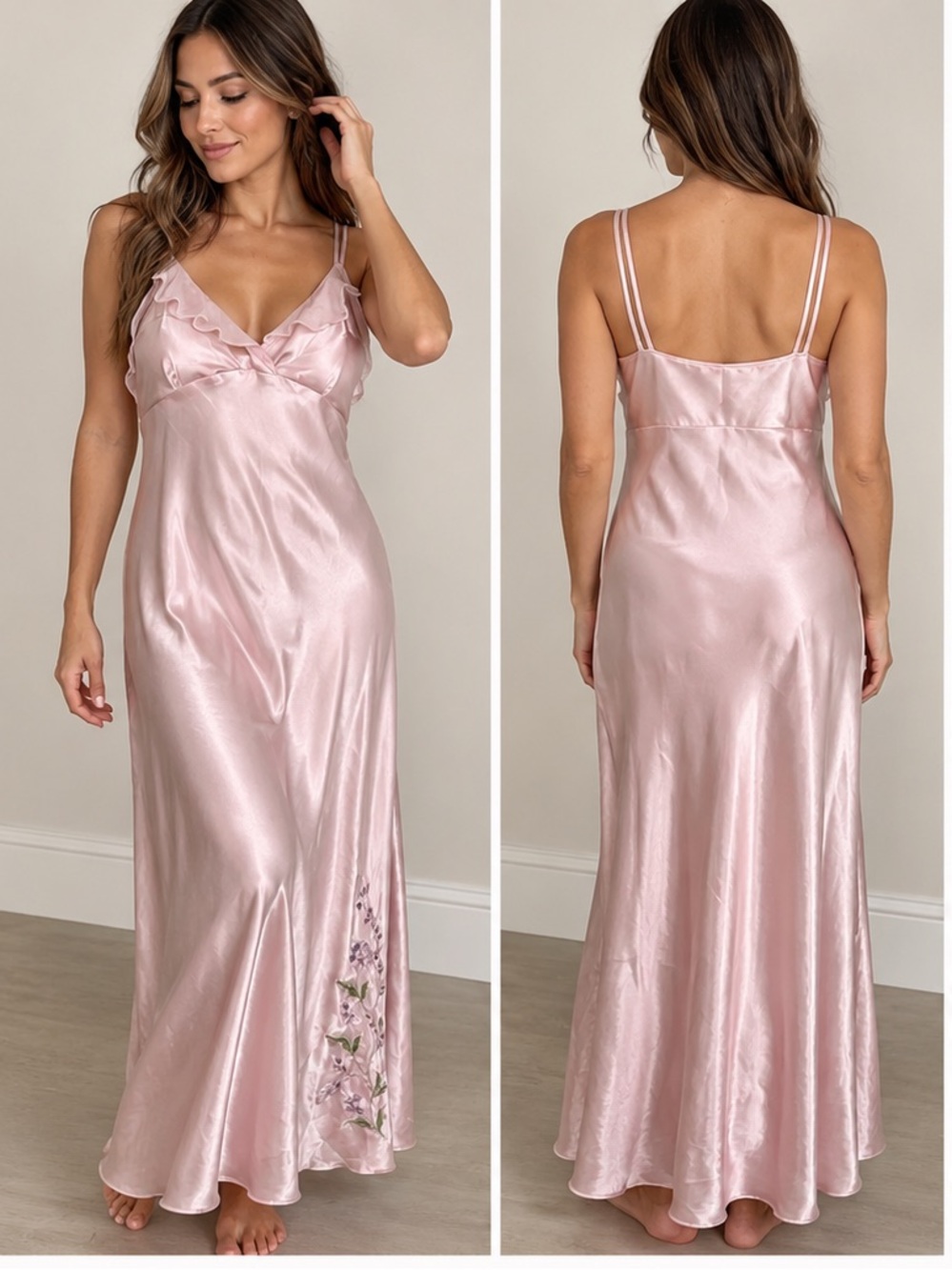 Luxe Pink Satin Ruffle-Trim Nightgown